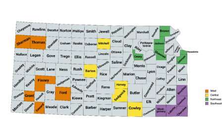 A map of Kansas counties, several of which are highlighted as targeted locations where communities are organizing to promote equity.