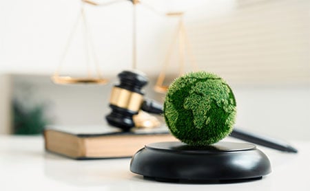 Small, fuzzy green earth sitting on a desk in front of a gavel and legal scale