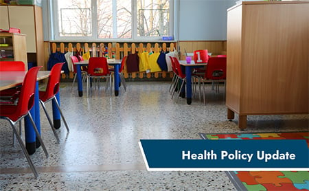 Elementary school classroom, ASTHO Health Policy Update banner in lower right