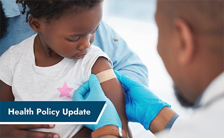 A young girl just after a vaccination. ASTHO Health Policy Update banner in the lower left