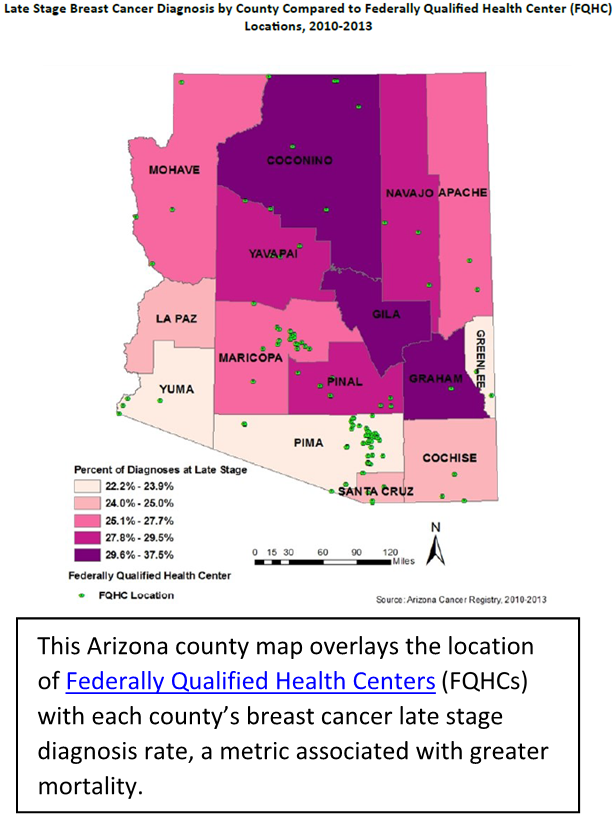 This Arizona county map overlays the location of Federally Qualified Health Centers with each county's breast cancer late stage diagnosis rate, a metric associated with greater mortality.