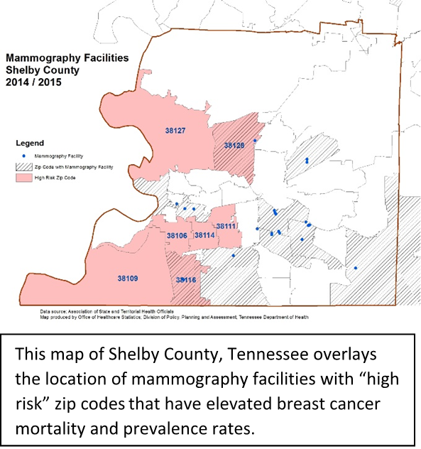 Map of Shelby County, TN, overlays the location of mammography facilities with "high risk" zip codes that have elevated breast cancer mortality and prevalence rates.