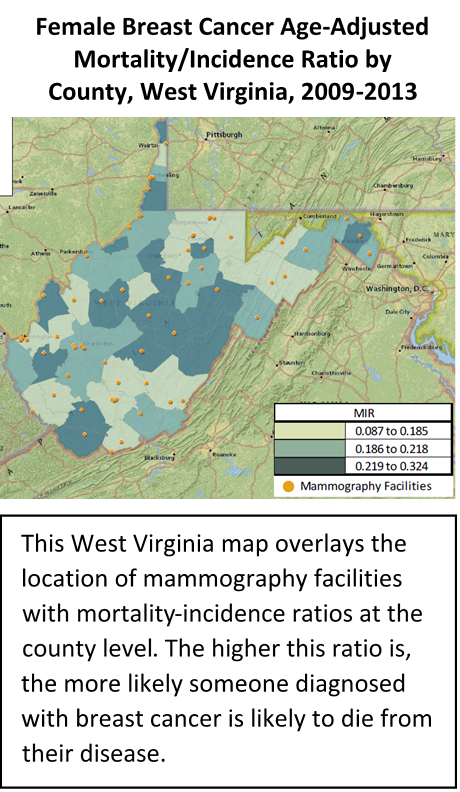 This West Virginia map overlays the location of mammography facilities with mortality-incidence ratios at the county level. The higher this ratio is, the more likely someone diagnosed with breast cancer is likely to die from their disease.