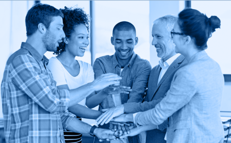 Group of coworkers doing teamwork exercise, blue wash over image