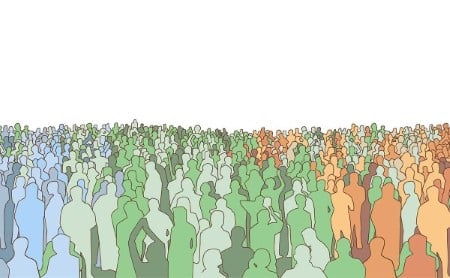 Drawing of a large group of people, mostly broken out in shades of blue, green, and orange