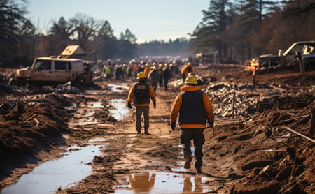 Disaster response workers in a muddy field with standing water