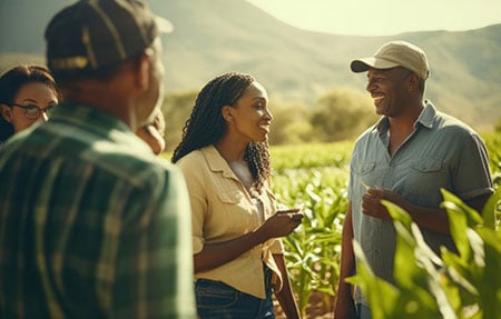 Four farmers engaged in a discussion amidst tall green crops in a field.