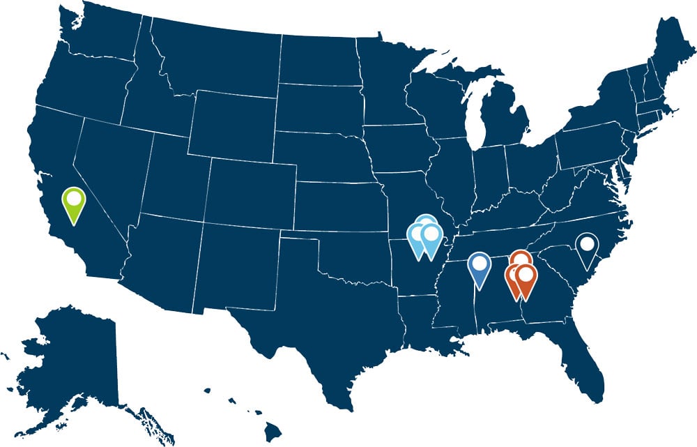 A map of the United States dipicting the five community action agencies representing a target area or county in which vaccination rates were lower, and rates of social vulnerability were higher than those seen on the national level.
