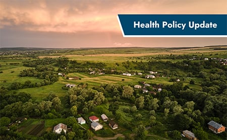 Aerial view of a rural neighborhood. ASTHO Health Policy Update banner in the upper-right corner