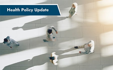 Aerial view of people walking through an indoor atrium. ASTHO Health Policy Update banner in upper-left