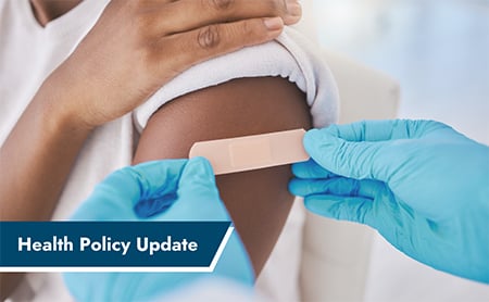 Healthcare worker's hands putting a bandaid on a child's arm after a vaccination shot. ASTHO Health Policy Update banner in the lower-left