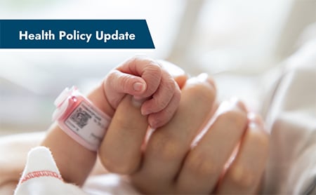 Closeup of a newborn's hand holding their parent's finger. ASTHO Health Policy Update banner in upper left