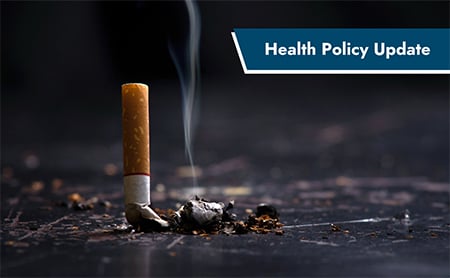 A crushed out cigarette against a dark background, ASTHO Health Policy Update banner on the upper-right