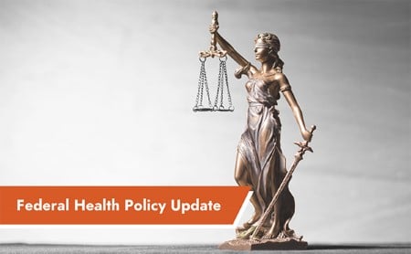A bronze statue of lady justice, ASTHO Federal Health Policy Update banner in the lower-left corner.
