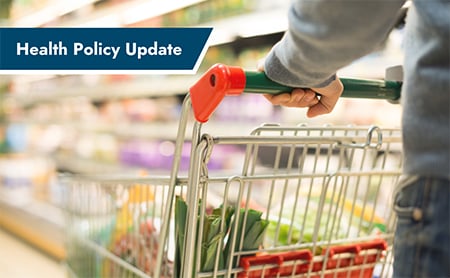 Shopping cart in grocery store, ASTHO Health Policy Update banner in upper-left
