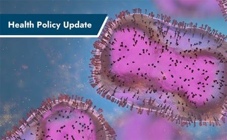 Monkeypox cells, with ASTHO's Health Policy Update branding