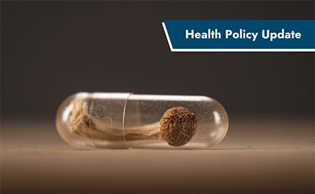 A mushroom inside of a gelcap. ASTHO Health Policy Update banner in upper right