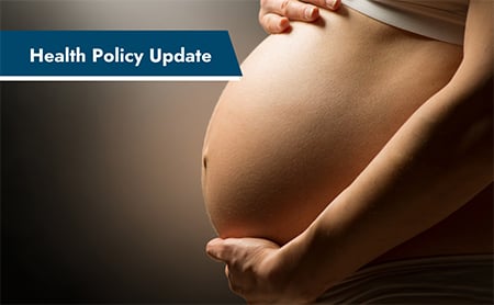 Pregnant belly in profile. ASTHO Health Policy Update banner in upper left