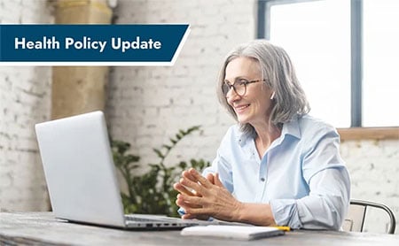 A senior woman using a laptop for a telehealth appointment, ASTHO Health Policy Update banner in the upper-left corner
