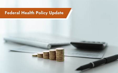 Coins stacked on a desk, along with a pen, paper, and calculator. ASTHO Federal Health Policy Update in the upper left corner.