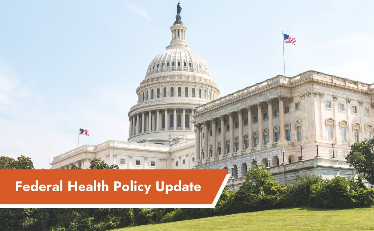 Close-up of area above U.S. Capitol's east entrance; ASTHO Health Policy Update banner in the lower left