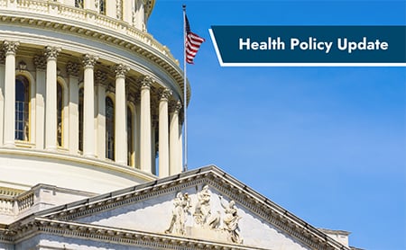 Close-up image of area above U.S. Capitol's east entrance and a small section of the Capitol dome. ASTHO Health Policy Update banner in the upper right