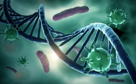 Illustration of an HIV molecule and DNA double helix