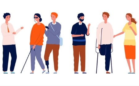 Ilustración de un grupo diverso de personas con discapacidad interactuando