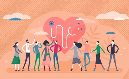 Illustration conveying a large group of people discussing heart health