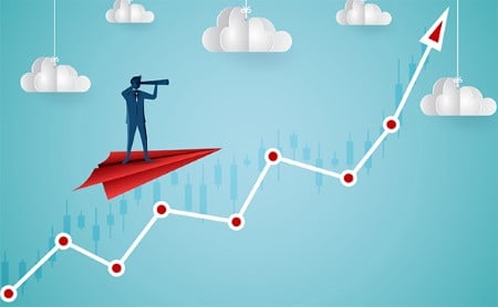 Illustration of man in paper airplane looking through a telescope at an upward line representing trends and projections