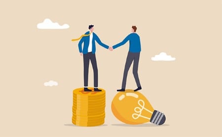 Illustration of the relationship between funder and recipient - two men shaking hands, standing on money and a light bulb, respectively.