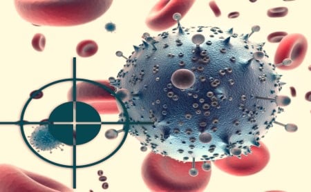 Illustration of a rifle scope on zoomed in blood cells and an HIV molecule