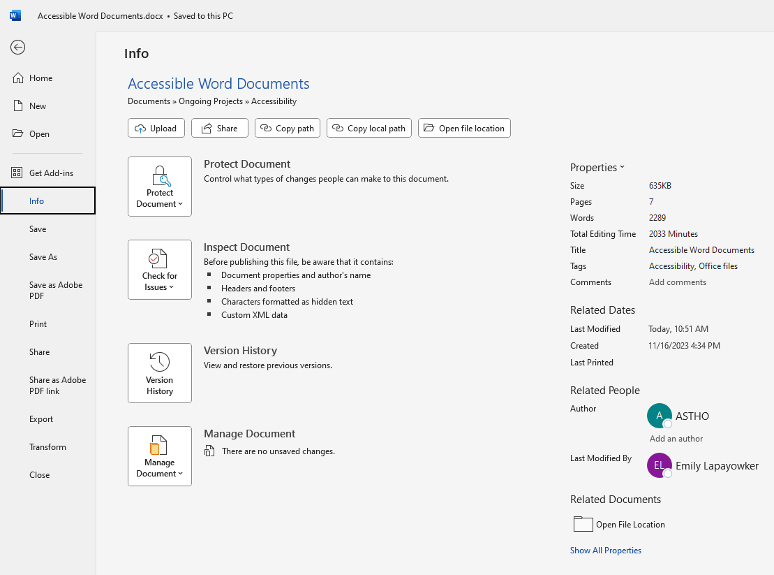 Info tab for an MS Word document.