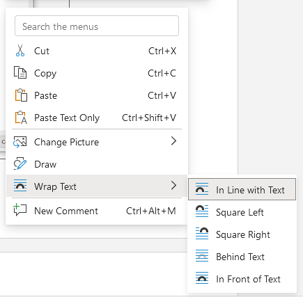 Screenshot of the MS Word context menu for an image. The Wrap Text item has been selected and in that sub-menu, In Line with Text has been selected.