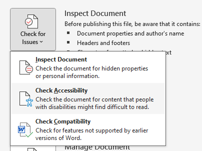 Inspect Document, Check for Issues context menu for an MS Word document. The Check Accessibility option is selected.