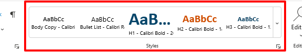 Screenshot of the Styles group in the Microsoft Word ribbon. Red box around Styles for emphasis.