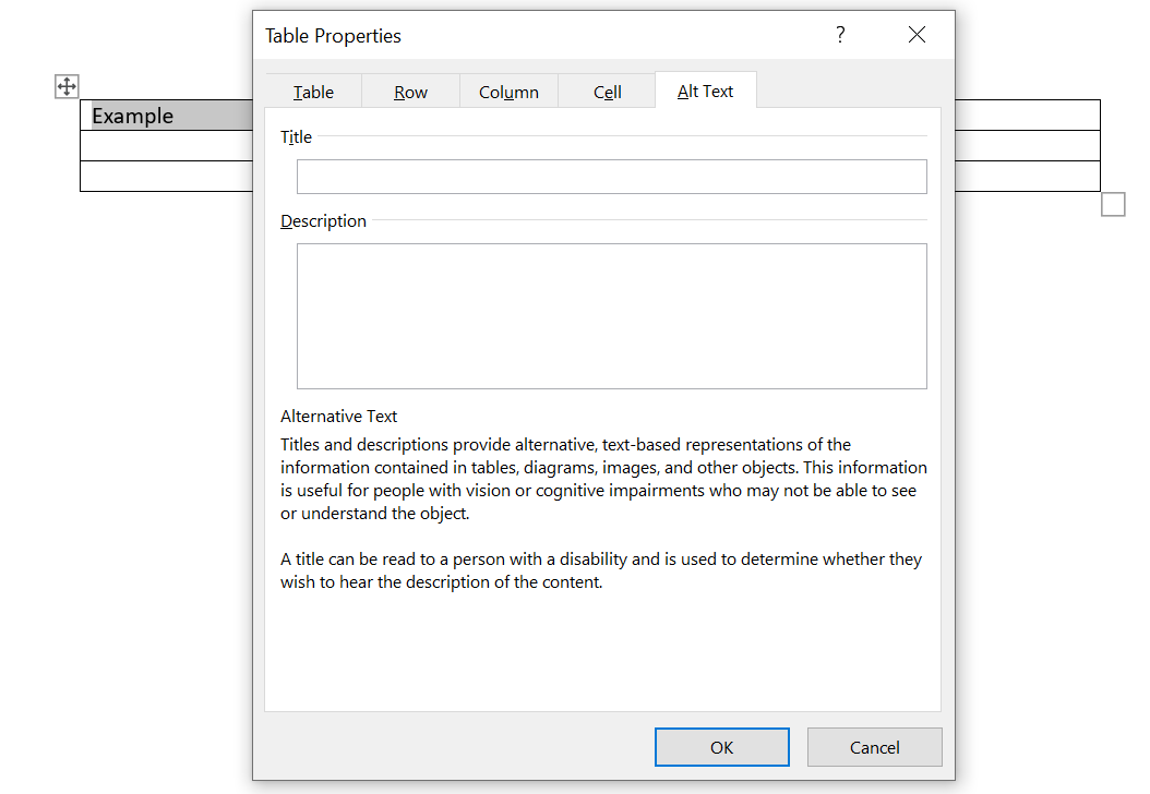 Screenshot of the Table Properties context menu in MS Word. The Alt Text tab has been selected. Description field is blank.