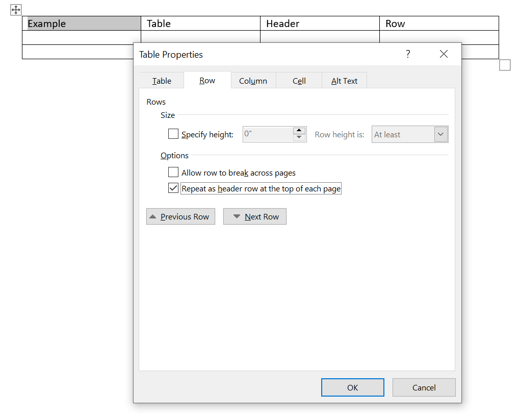 Screenshot of the Table Properties context menu in MS Word. The Row tab has been selected and has the proper setup for a repeating header row.