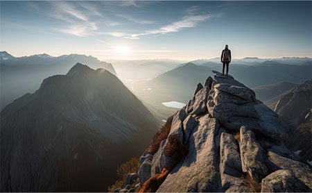 Man stands on top of a mountain looking out at the view