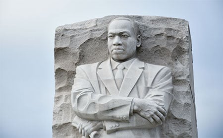 Closeup of the Martin Luther King, Jr. Memorial in Washington, D.C. with blue background