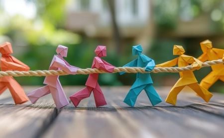 Colorful paper dolls staged as if they're playing tug of war