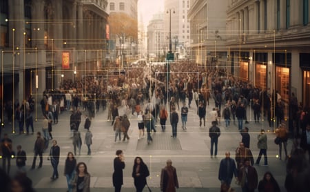 A large crowd of pedestrians walks in a city, overlay on the image has multiple lines indicating technology and connection