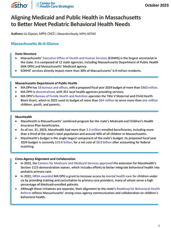 Aligning Medicaid and Public Health in Massachusetts to Better Meet Pediatric Behavioral Health Needs