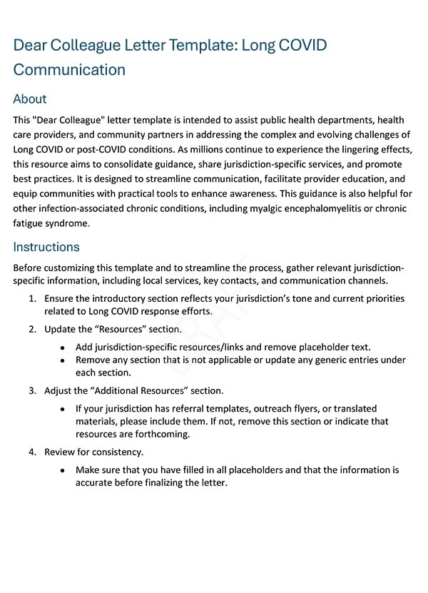 Page 1 of Dear Colleague Letter Template: Long COVID Communication