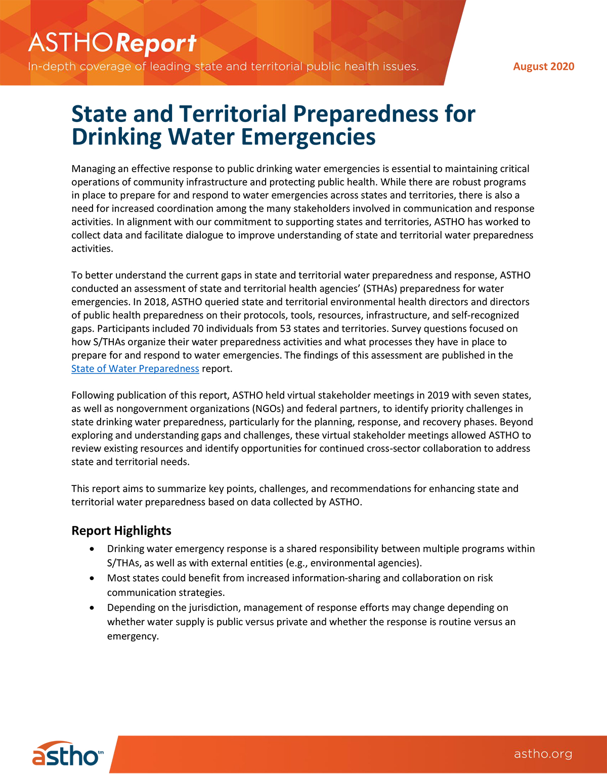 State and Territorial Preparedness for Drinking Water Emergencies