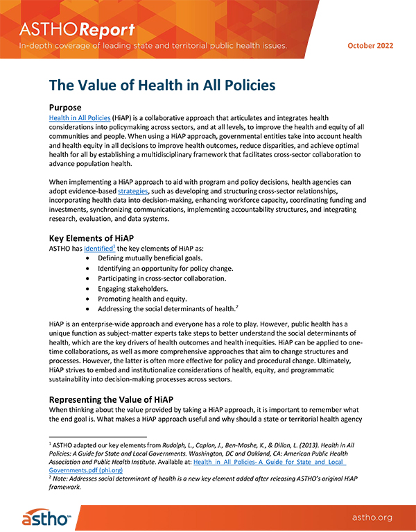 Page 1 of ASTHOReport: The Value of Health in All Policies