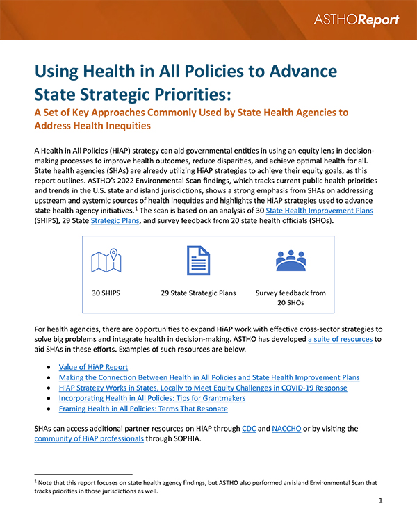 Page 1 of Using Health in All Policies to Advance State Strategic Priorities: A Set of Key Approaches Commonly Used by State Health Agencies to Address Health Inequities