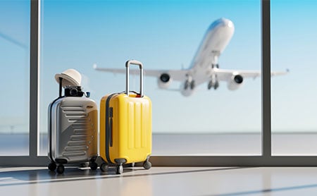 two suitcases in airport terminal with plane taking off in background