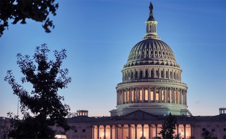 West entrance to the U.S. Capitol at dusk.