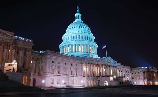 East entrance of the U.S. Capitol at night